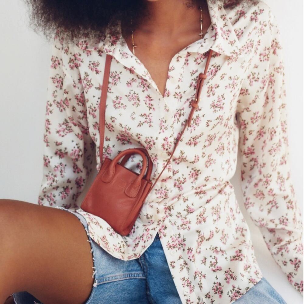 Zara Beige Cream Floral Satin Long Sleeve Button Down Shirt Blouse Size XS - Picture 2 of 16